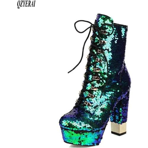 QZYERAI Sheet metal flash Fashion boots Female boots 13 cm high heels Womens boots Autumn and winter Womens shoes Size 34-43