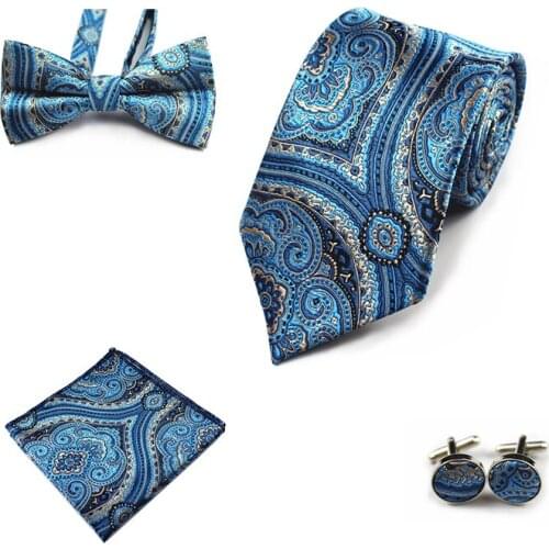 Ricnais 4PCS Silk Mens Tie Set Bule Red Floral Pocket Square Cufflinks Bowtie Necktie Set Suit Male Business Wedding Hanky Ties