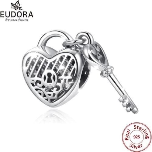 Eudora 100% 925 Sterling Silver Key of Heart Lock Crystal CZ Charms Fit Charm Bracelets & Necklaces Jewelry with box CYZ122