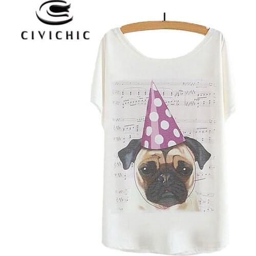 CIVI CHIC Lady One Size Loose T Shirt Woman Bat Sleeve Tops Tee Cool Cute Puppy Dog Bulldog Printed Tshirt O Neck T-shirt WST100