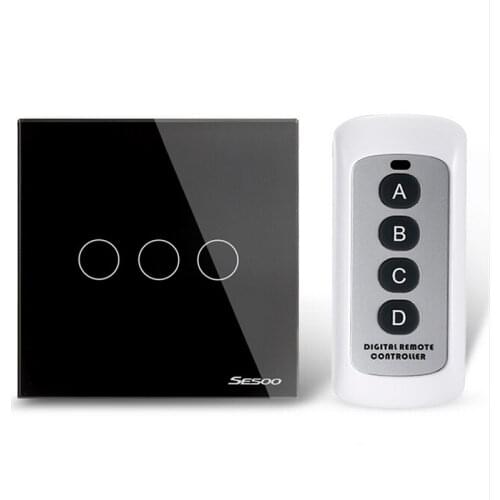 EU/UK Standard Remote Control Switch 3Gang 1Way Wireless Remote Control Wall Touch Switch Black Crystal Glass Switch Panel