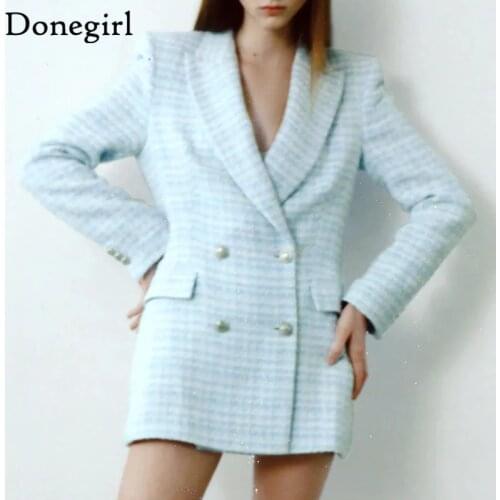 New Stylish Chic Blue Tweed Jacket Women 2021 Fashion Turn-down Collar Double Breasted Pockets Coat Female Casual Outerwear