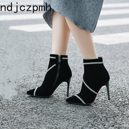 Womens Boots The New Autumn And Winter Pointed zipper Crystal High heel Ankle boots Womens shoes plus size 33-43 9.5cm high