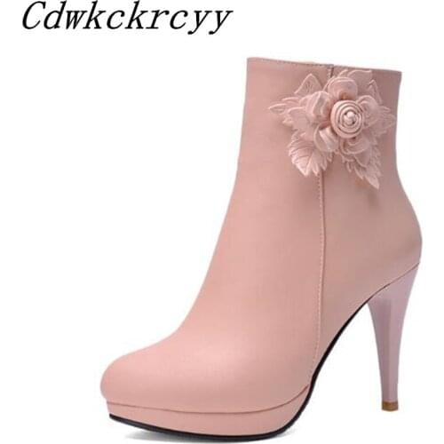 Women Boots Autumn and winter New style fashion Sweet Flower High-heeled Short boots white Pink Apricot color Wathet size 34-43