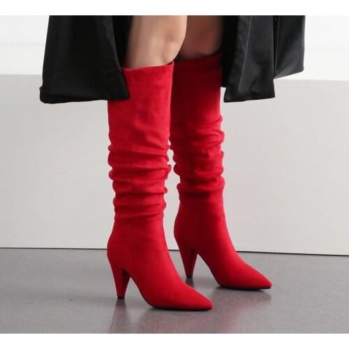 Flock Woman Boots Pleated Strange Style High Heel Women Boots Autumn Winter Pointed Toe Women Shoes Ladies Party Boots MAZIAO