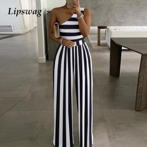 2021 Women Elegant Stripe Print Wide Leg Jumpsuit Sexy One Shoulder Romper Bodysuit Summer Causal Off Shoulder Overalls Playsuit