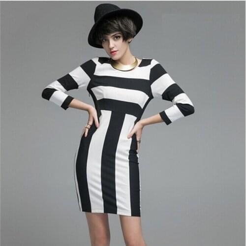 Women Office Work Dress Autumn Round Collar Black And White Zebra Print Three Quarter Sleeve Fashion Female 2018 New Dress
