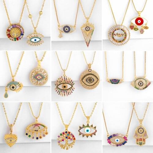 Fashion Rainbow CZ Turkish Eye Pendant Necklace for Women Gold Zirconia Chain Necklace Charm Greek Eye Jewelry Accessories