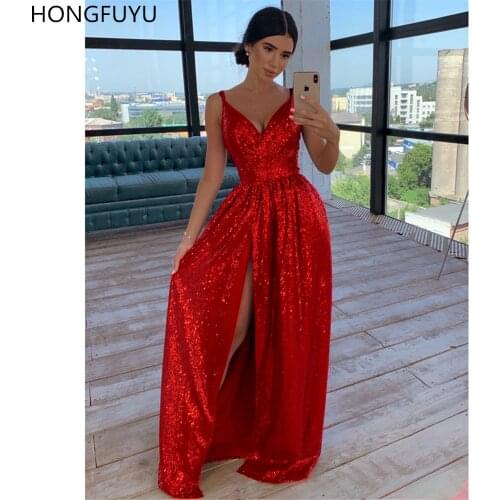 HONGFUYU Red Maxi Sequined Prom Dresses вечернее платье Sexy Formal Wear Long Party Evening Gowns Side Split robe de soiree