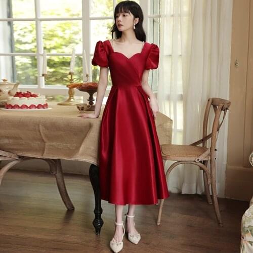 Elegant Square Collar Puff Sleeve A-Line Hepburn Style Evening Dress Cheongsam Back Zipper Prom Fomail Gown Vestidos De Noche