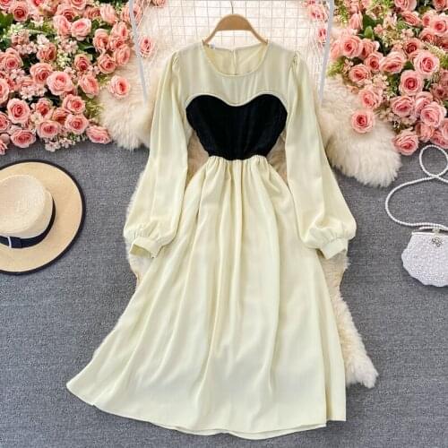 2021Autumn Brown/Beige/Black Patchwork Midi Dress Women Vintage Puff Long Sleeve High Waist A-Line Party O neckFashion dress