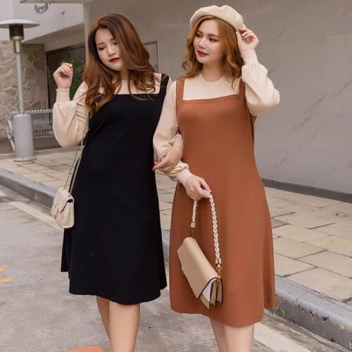 2019 Spring New Large Size Womens Knit Dress Long Paragraph Fake Two Piece Dress Free Shipping