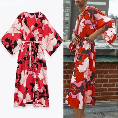 2021 Floral Dress Woman Red Print Shirt Summer Dress Women Wide Sleeve Collared Midi Ladies Dresses Vintage Casual Dresses