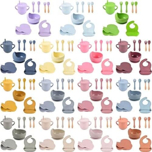 8 Pcs Baby Silicone Bib Divided Dinner Plate with Lid Sucker Bowl Spoon Fork Straw Cup Set Training Feeding Food Utensil