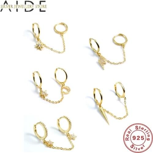 AIDE Fashion Double Hoops Chain Hoop Earrings for Women Rivet/Moon/Star/Lightning pendientes Earings Silver 925 Jewelry kolczyki