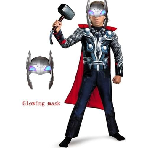 Halloween Super Adult Kids Muscle Thor With Mask Cosplay Costumes Clothes Harmmer Stormbreaker Launcher Party Costumes Gift