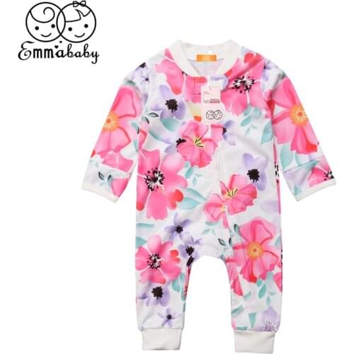 Newborn Baby Girls Romper Autumn Infant Toddler Kids Long Sleeve Floral Zipper Romper Jumpsuit Outfit Nightwear Pajamas Clothes