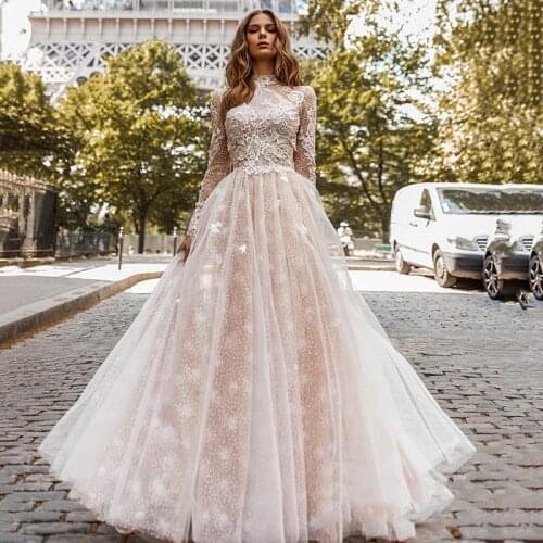 High Neck Champagne Muslim Wedding Dresses Long Sleeve Lace Wedding Gowns Boho Arabic Bridal Dress 2021 Backless Glitter