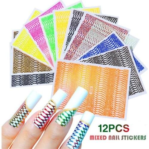12pcs/lot Snake Skin Nail Sticker Designer Laser Glitter Sally Mesh Net Line Holographic 3D Silk Neon Nail Art Decorations