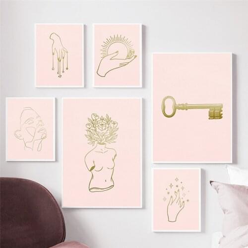 Wall Art Abstract Line Figure Flower Canvas Painting Pink Gold Print Poster Home Minimalist Picture for Living Room Decor