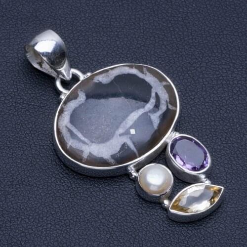 Natural Septarian Geode,Amethyst,Citrine and River Pearl Punk 925 Sterling Silver Pendant 2" R0126