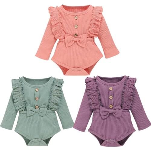 Autumn Winter Newborn Baby Girls Solid-Color Round-Neck Ruffle Long-Sleeves Rompers with Bowknot