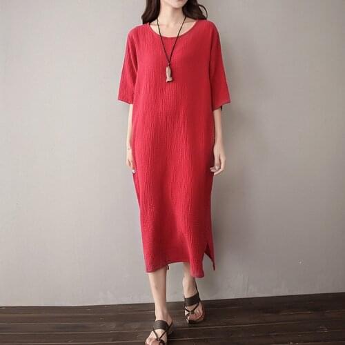 Women Loose Cotton Linen Dress O-Neck half Sleeve Vintage dress, plus size 4XL 5XL 6XL BLACK pink white purple Maxi dress