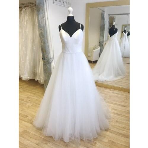 Simple Wedding Dress SJ-236 Ball Gown Spaghetti Straps Satin Tulle Organza Low V Back Real Photos Sweetheart Vestidos