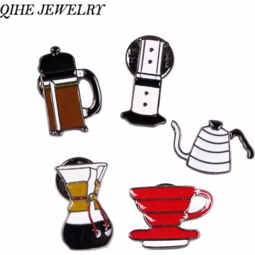 QIHE JEWELRY Hand Punch Pot AeroPress Chemex Filter Bowl Coffee Enamel Pins Shirt Bag Hat Decoration JewelryCoffee Lovers Gift