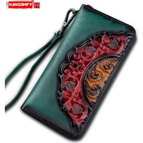 Handmade Women Long Zipper Wallets Ladies Handbag Female Card Holder Wallet Zipper Bag Vintage First Layer Leather Cow Leather