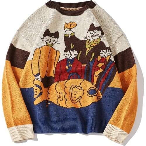 LACIBLE Funny Oversize Sweaters Men Knit Jumper Cartoon Print Pullover O-neck Knitted Sweater Streetwear Women Unisex Vintage