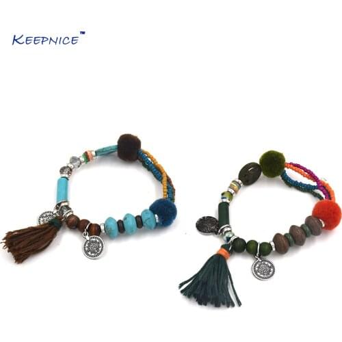Handmade Bohemia Jewelry Friendship Leather Tassel Charm Bracelets Pompons Pompoms Ball Colorful Beads Bracelets