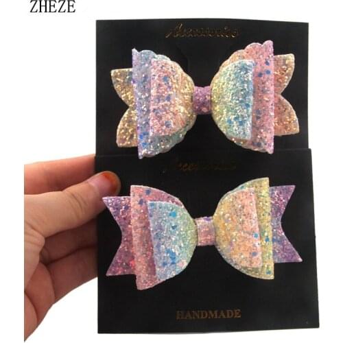 2PCS Hot Sales Rainbow Glitter Three Layers Hair Bow Clips Girls Chic Headwear Children Hair Accessories Leather Barrettes