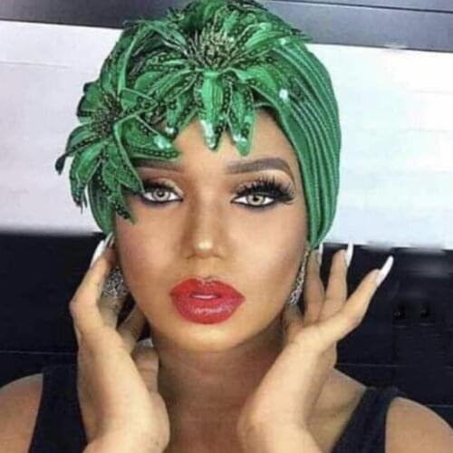 New Feather Sequins Turban Cap for Women Wedding Party Headwear Hat African Headtie Muslim Turban Caps Female Head Wraps