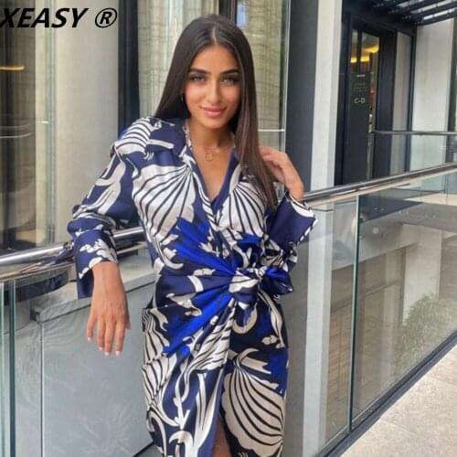 XEASY 2021 Women Fashion Blue Print Wrap Shirt Dress Vintage V-neck Long Sleeve Summer Female Ruched Elegant Midi Dresses