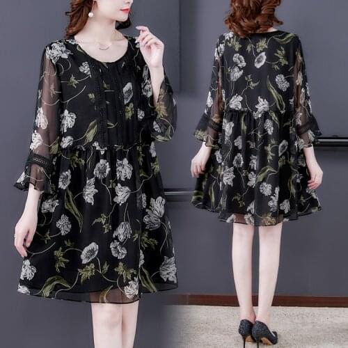 Spring Summer Black Floral Mulberry Silk Mini Dress 2021 Women Vintage 3XL Plus Size Chiffon Dress Elegant Bodycon Party Vestido
