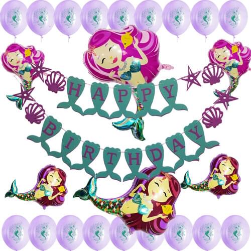 ZLJQ Mermaid Birthday Decorations 25pcs Party Banner Foil Latex Balloons Supplies Kids Baby Shower Princess Girl Toys Globos