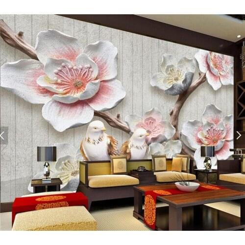 3D Embossed Pink Plum Flower Wall Mural Living Room Home Wall Decor papier peint 3d Wall Papers Vintage Floral Photo Wallpaper