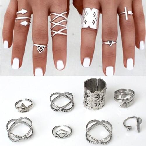8pcs/set vintage bohemian ring set exaggerated geometric shape rings for women double ring bagues pour femme
