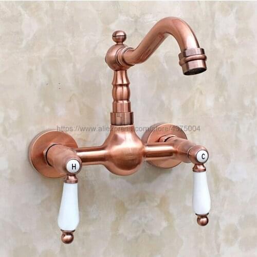 Antique Red Copper Wall Mounted Basin Faucets Double Handle Dual Hole Bathroom Sink Washbasin Water Mixer Tap Nrg035