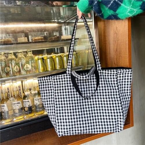 Large Simple Lattice Double-sided Shoulder Bag High-capacity Student Book Shopping Handbag Cotton Fabric Bags Designer Bag