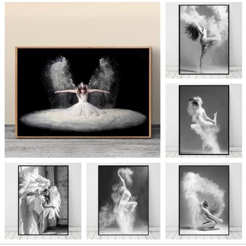 Angel Wing Portrait Canvas Painting Black and White Dancer Girl Posters and Prints Wall Art Pictures for Gym Yoga Art Room Decor