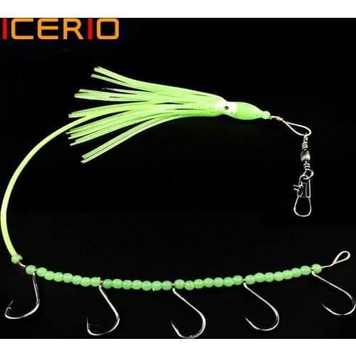 ICERIO 4PCS great temptation New Steel Wire Rigged Luminous octopus Skirt with 5 Hooks Saltwater Fishing Bait