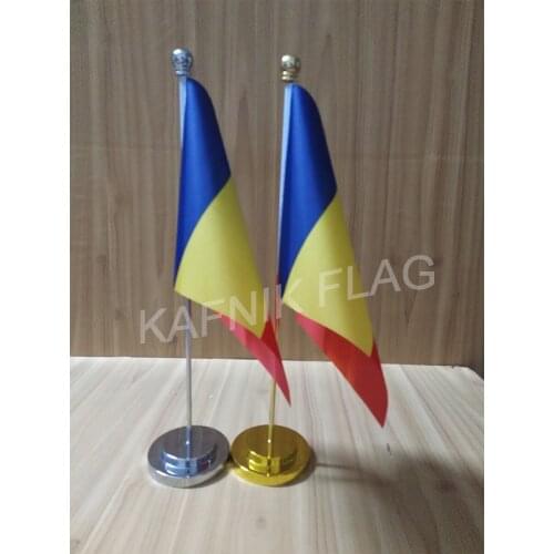 KAFNIK,Romania Office table desk flag with gold or silver metal flagpole base 14*21cm country flag free shipping