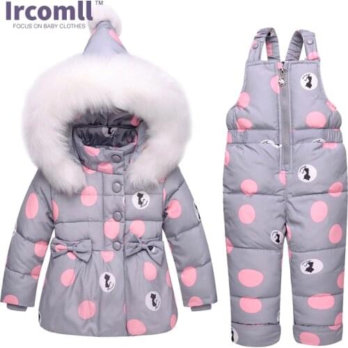 Ircomll New Winter Girls Clothing Sets Fur Hooded Toddler Clothes Dot White Dark Down Coat +Trousers Waterproof Warm Snowsuit