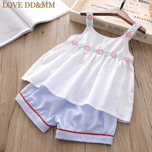 LOVE DD&MM Girls Sets 2021 Summer Childrens Wear Girls Sequined Silver Wire Strap Vest Tops + Flower Shorts Two-Piece Suit