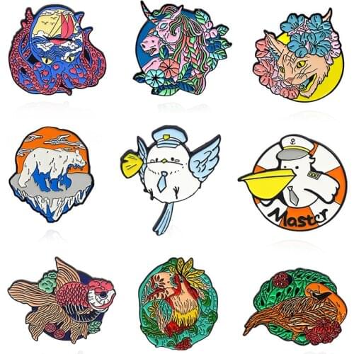 Animal plant creative Lapel Pin Octopus cat fish bird bear horse dove pelican parrot turtledove Enamel Brooch Fashion fun Badge