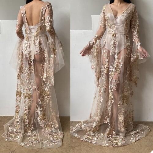 Summer Robes Womens Prom Dresses Lace Appliques V Neck Long Sleeves Birthday Bridal Fluffy Party Gowns Custom Made