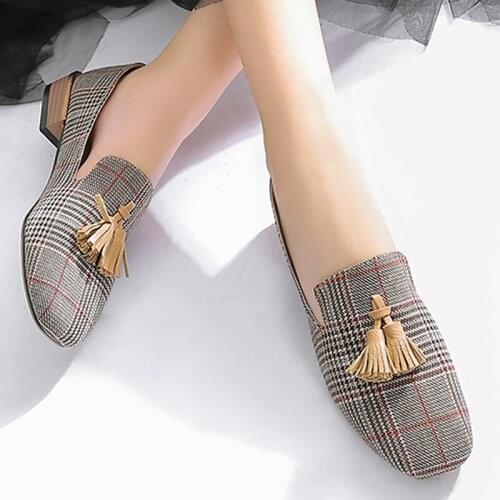 Fringe Loafers for girls Fashion Gingham Flats shoes women Slip-on Soft Canvas Lazy shoes