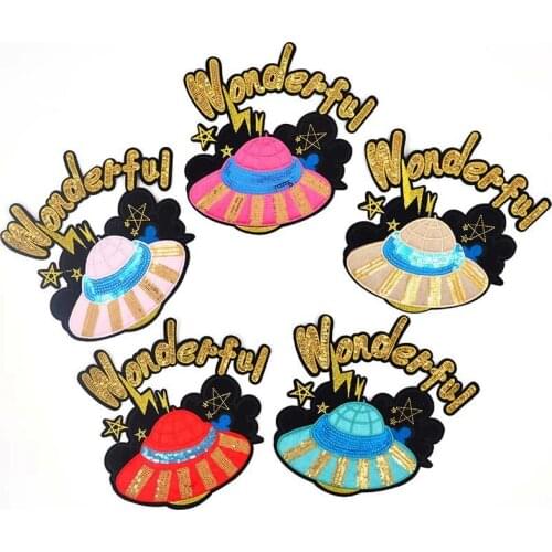 Fashion Cartoon UFO Patch Space Sequined Stickers Sew On Embroidered Patches For Clothing Big Applique Decor Washable Badges